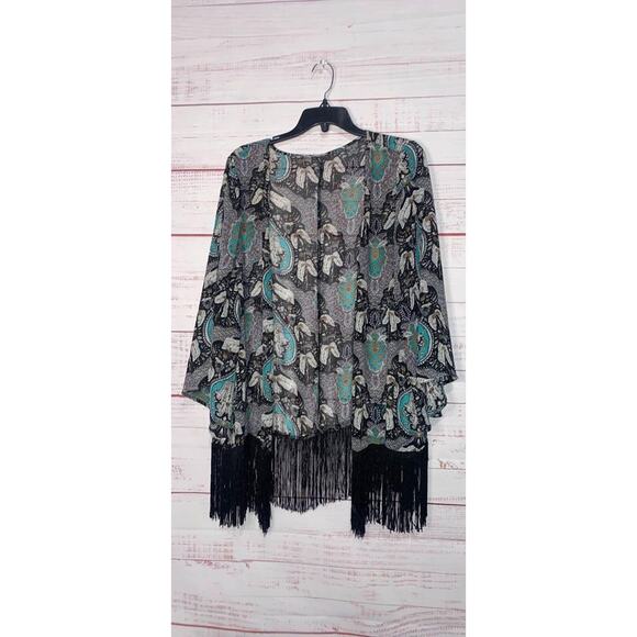 Blue & Black Paisley Fringe Trimmed Kimono Top - Picture 1 of 4